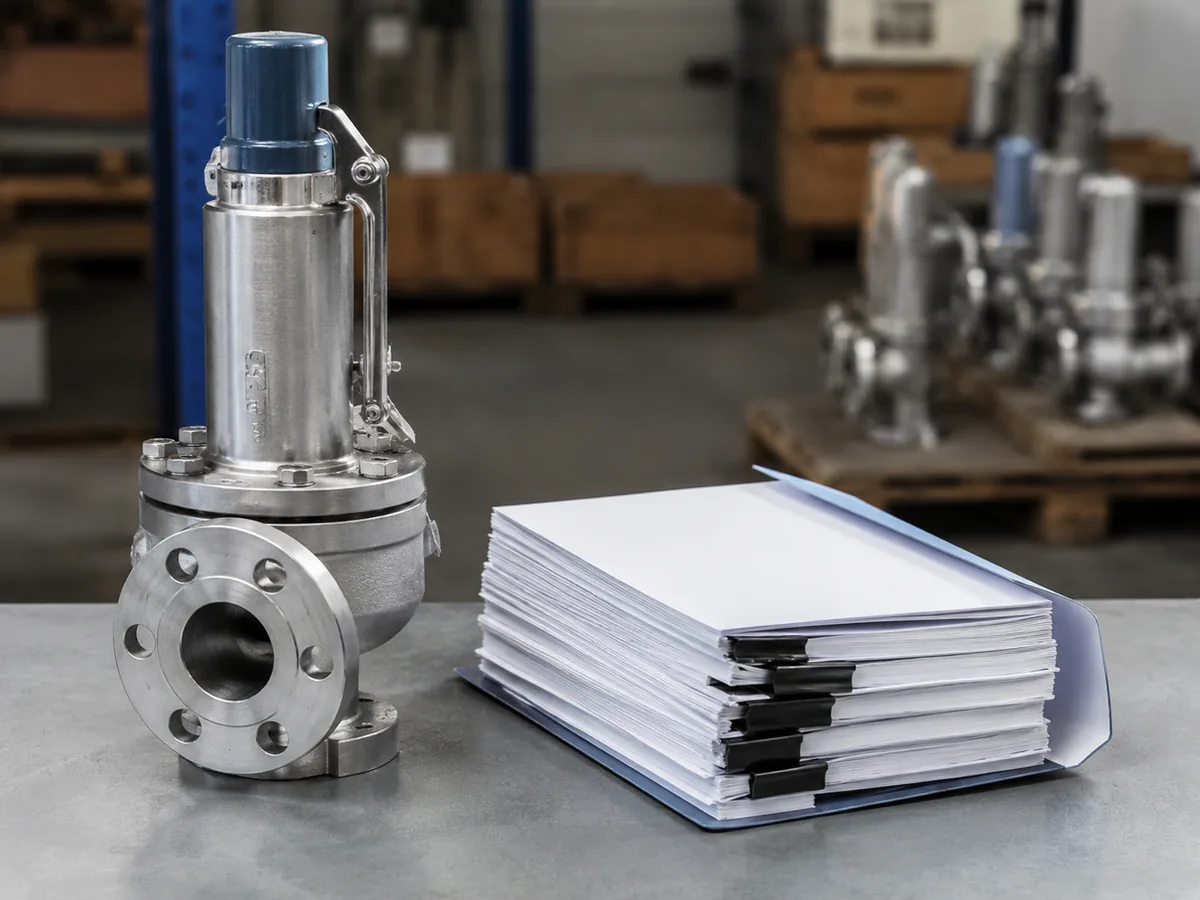 Document package and inspection paperwork beside a safety valve prepared for shipment or review