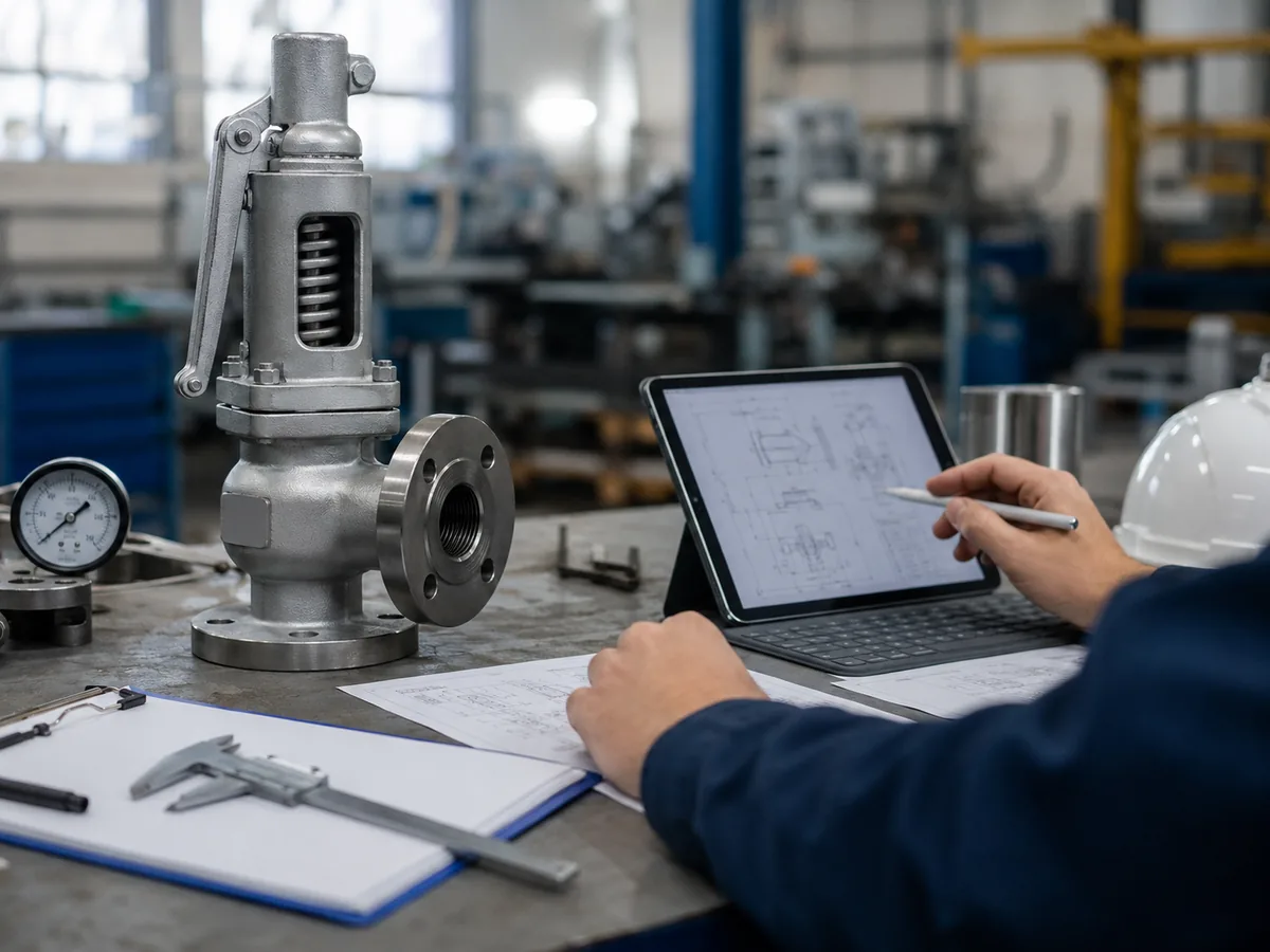 Realistic safety valve on an industrial workbench while an engineer prepares RFQ datasheet information