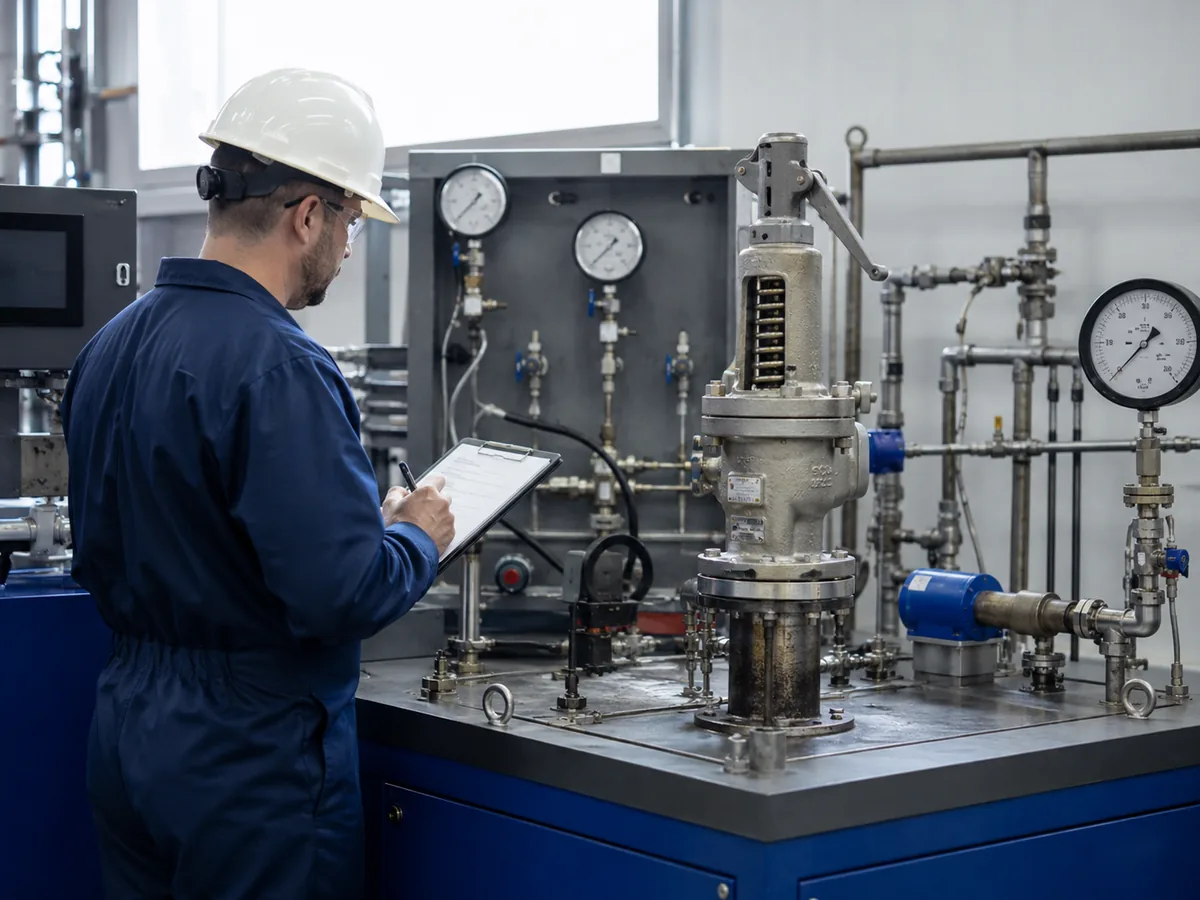 Pressure test bench with safety valve, gauge, tubing, and engineer recording pressure and capacity data