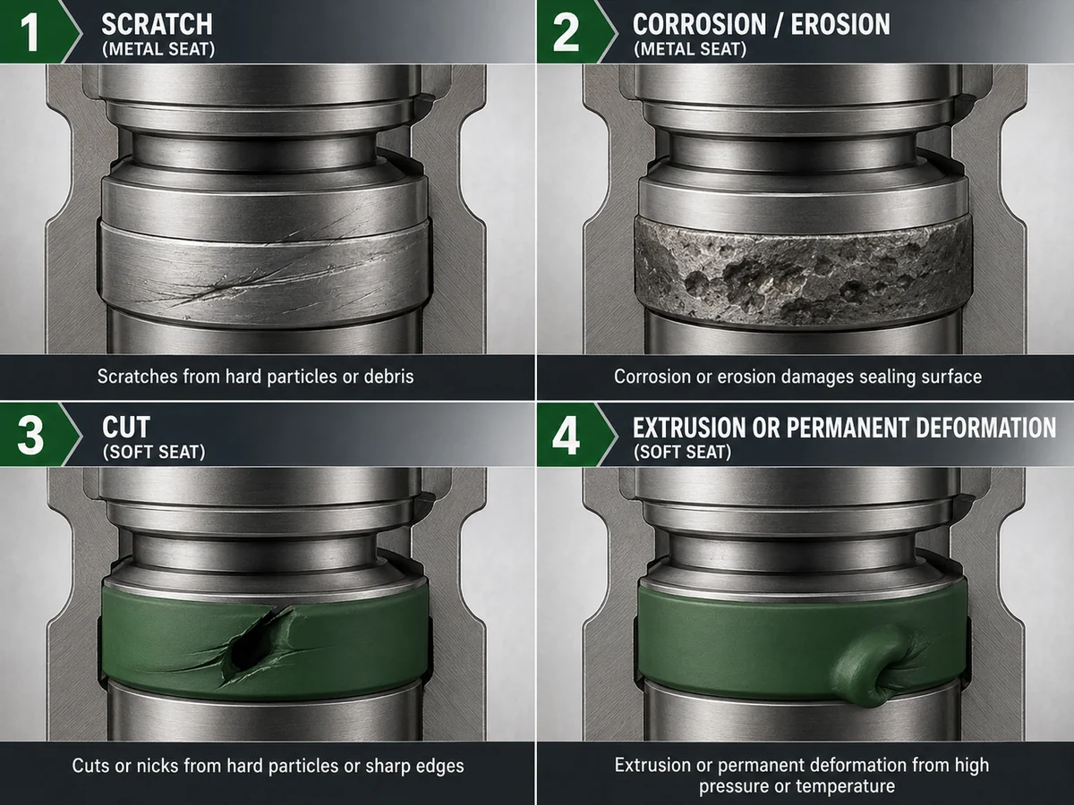 Four-panel illustration of scratched and corroded metal seats and cut or extruded soft seats