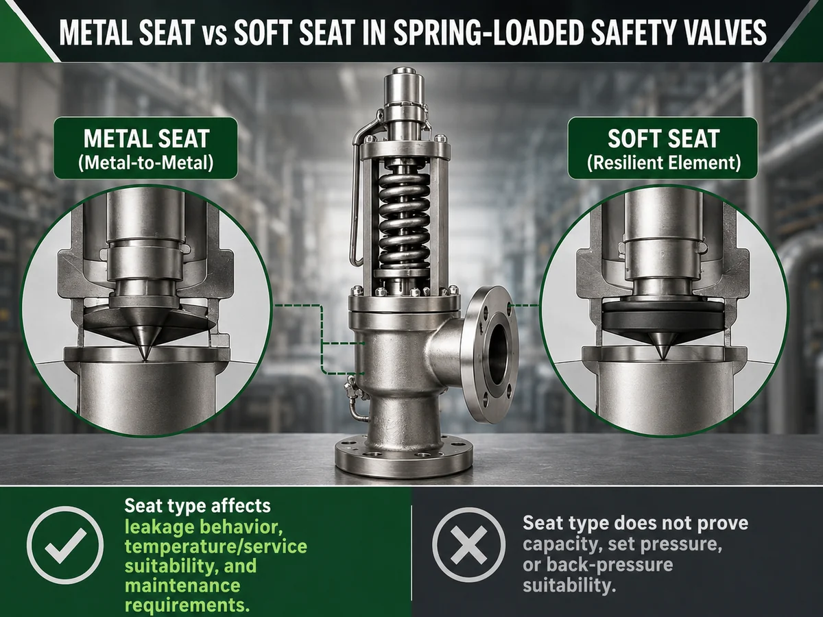 Spring-loaded safety valve with enlarged metal-seat and soft-seat sealing interface comparisons