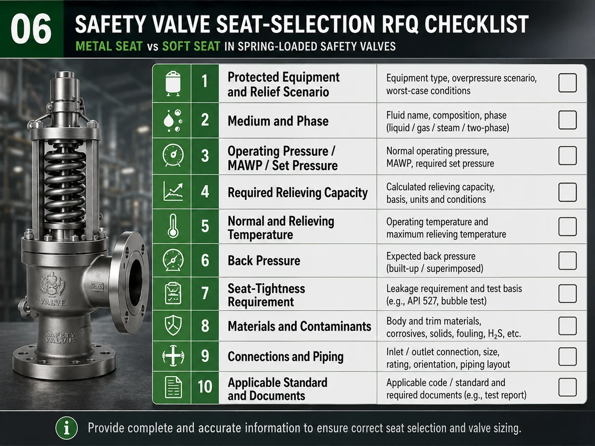 RFQ checklist for metal-seat and soft-seat spring-loaded safety valve selection