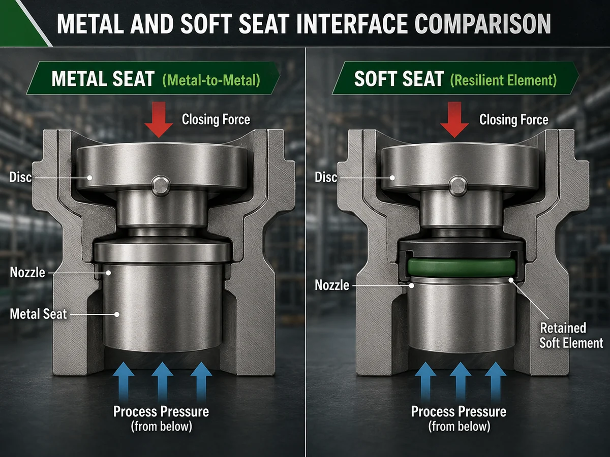 Simplified cutaway comparing metal-to-metal and resilient soft-seat interfaces in a spring-loaded safety valve