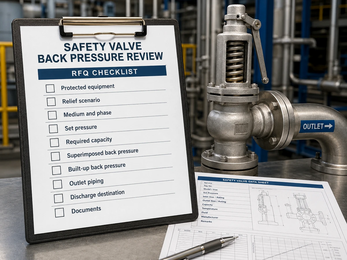 RFQ checklist visual for safety valve back pressure review including outlet pressure discharge piping and relieving capacity data