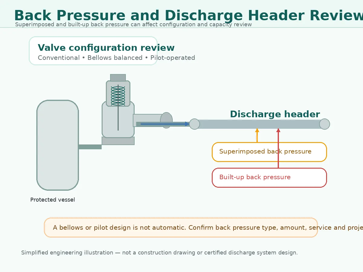 Back pressure and discharge header diagram for refinery pressure relief valves