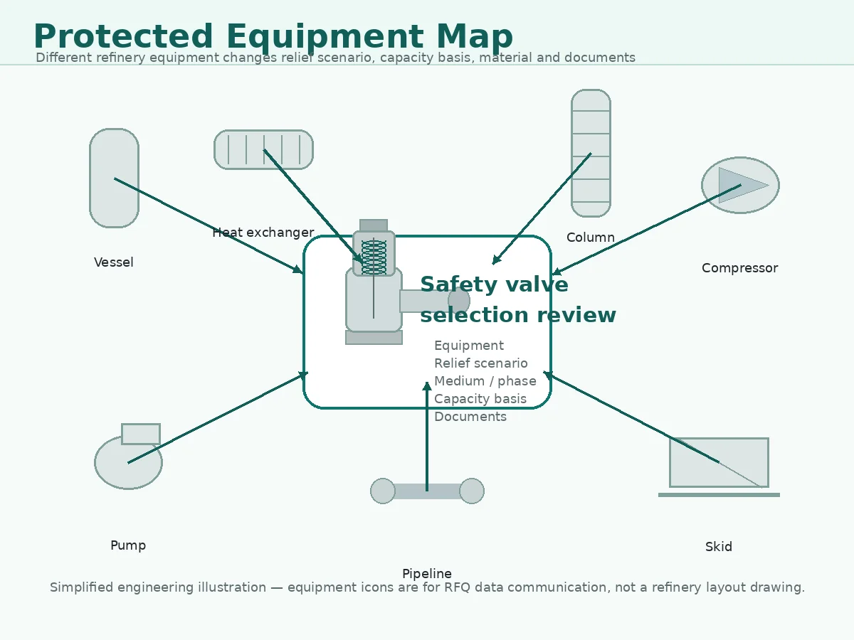 Refinery protected equipment map for safety valve selection review