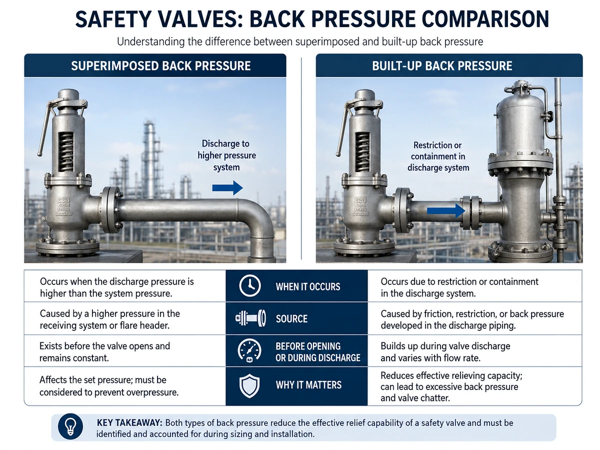 Comparison visual showing when superimposed back pressure and built-up back pressure occur in a safety valve discharge system