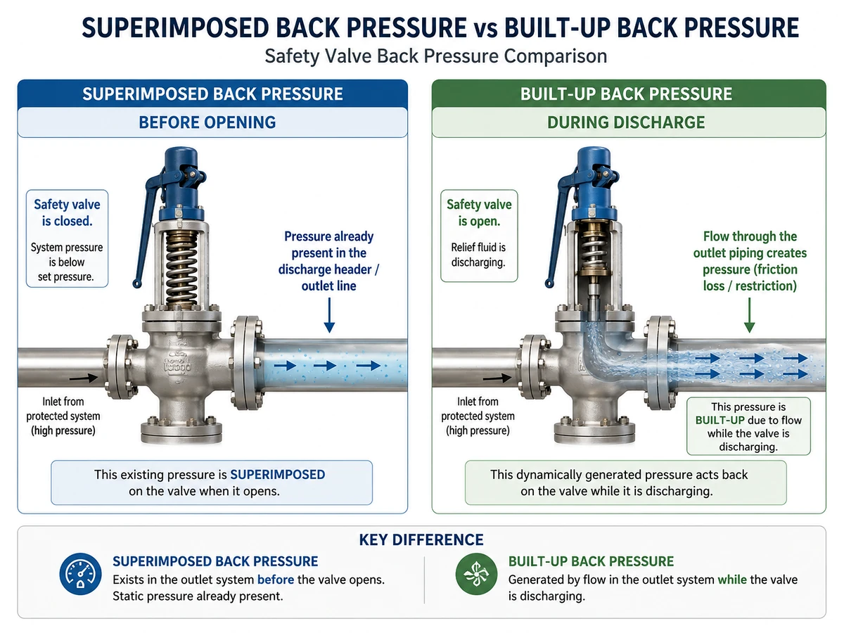 Engineering diagram comparing superimposed back pressure before valve opening and built-up back pressure during discharge flow
