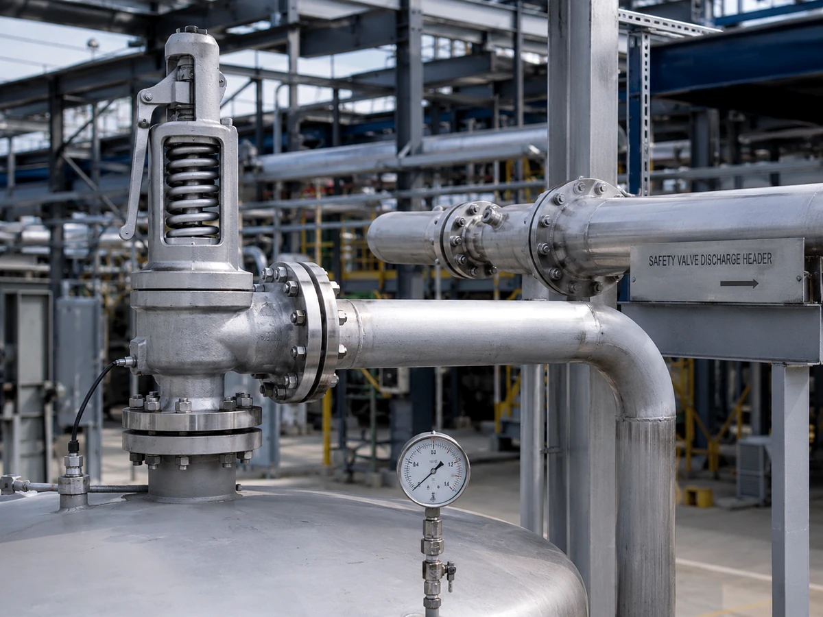 Industrial safety valve connected to outlet piping and discharge header for back pressure review