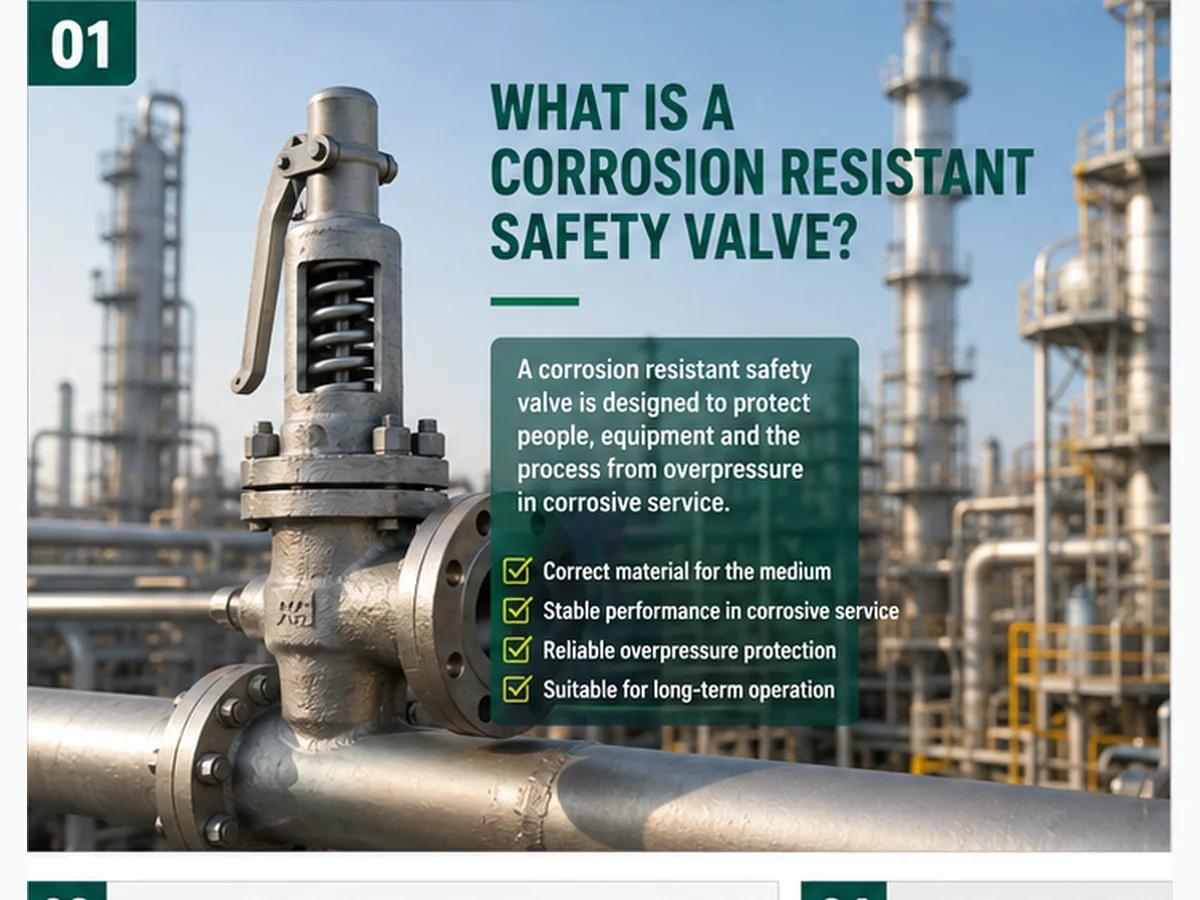 Corrosion resistant safety valve installed upright in a chemical process piping system for overpressure protection