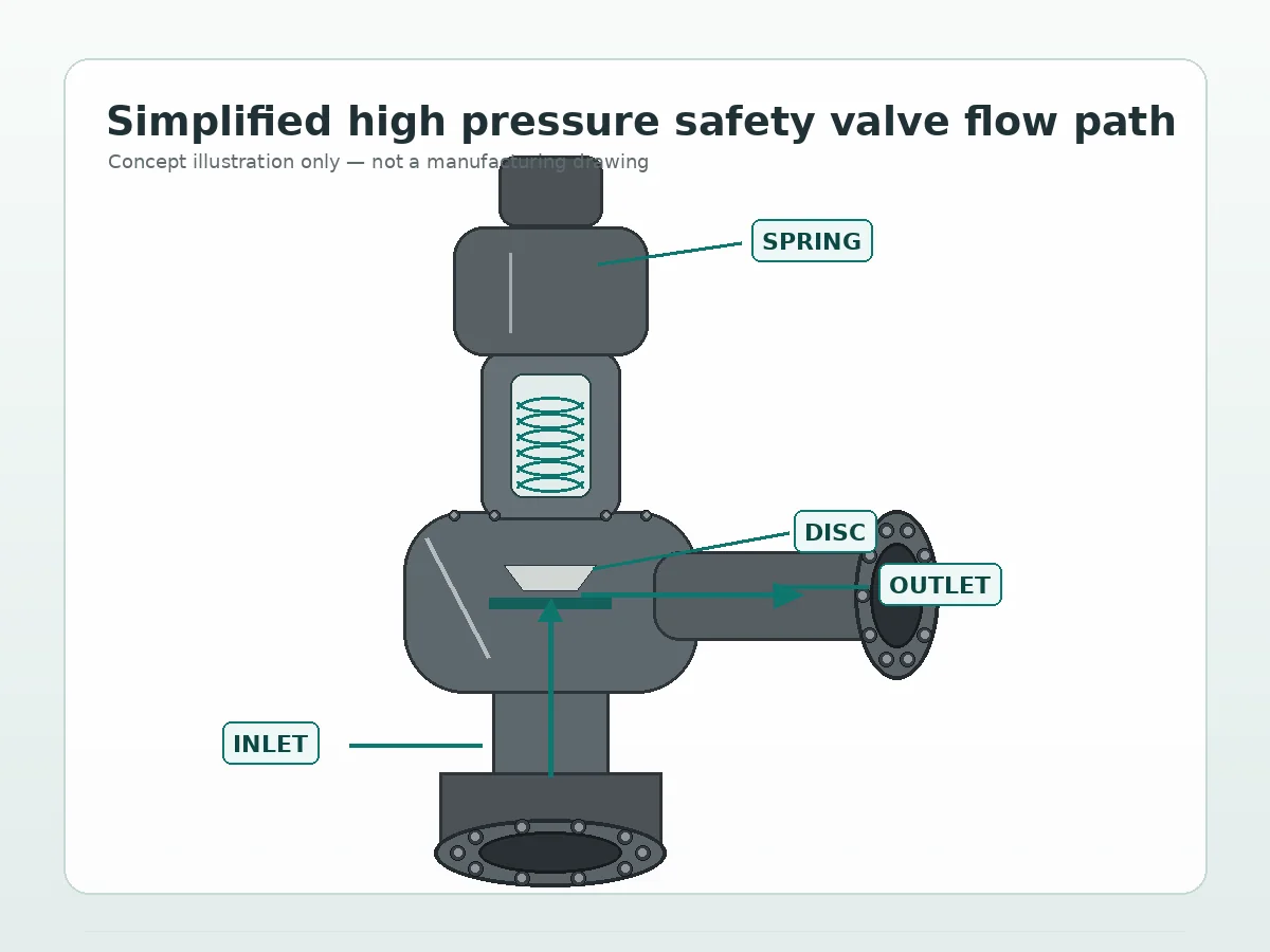 Simplified engineering diagram showing inlet pressure spring force disc lift and outlet flow path in a high pressure safety valve