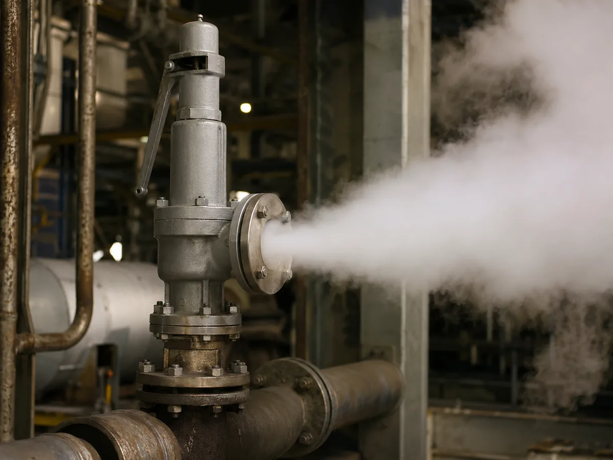 Steam safety valve installed upright on a boiler or steam header for overpressure protection