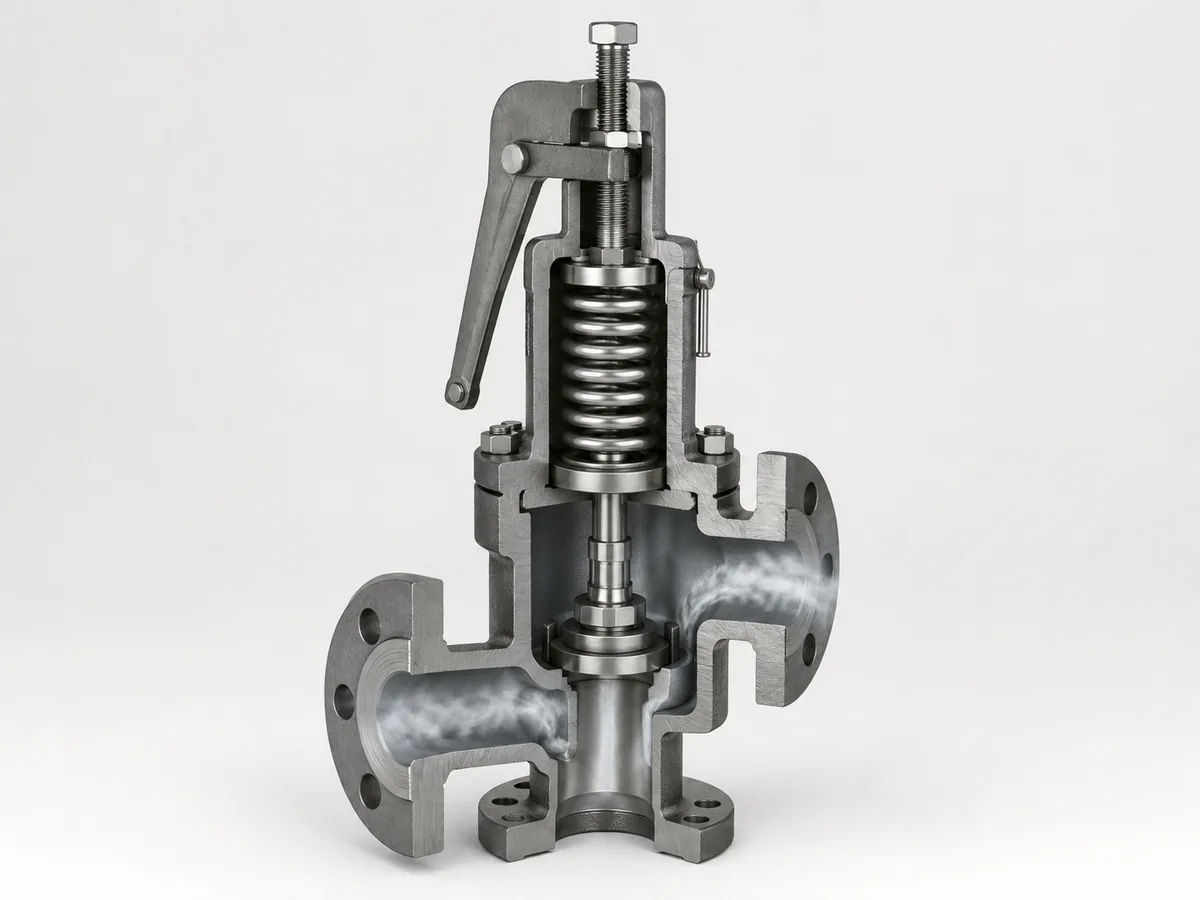 Simplified cutaway showing spring, disc, nozzle, inlet steam pressure and outlet discharge flow in a steam safety valve