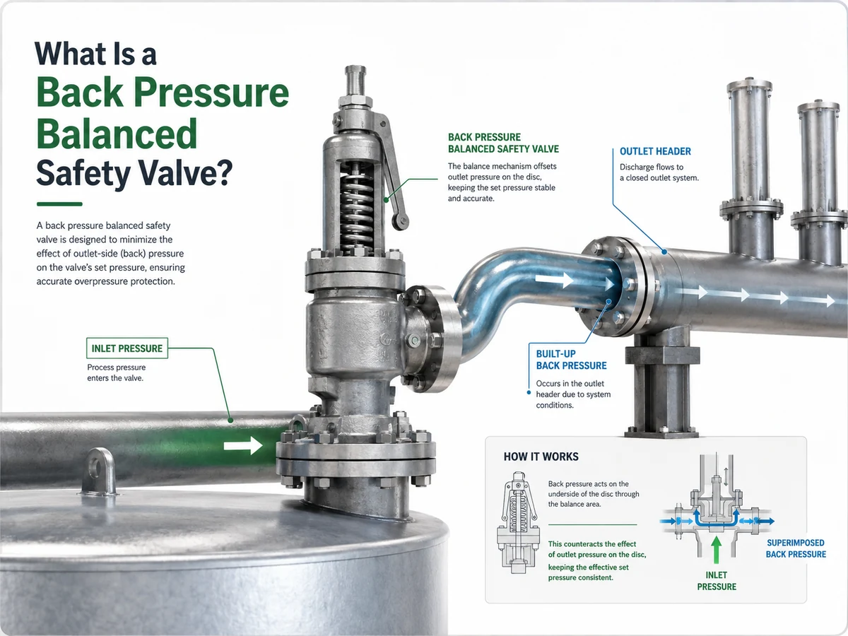 engineering diagram showing inlet pressure outlet pressure superimposed back pressure and built-up back pressure in a safety valve system