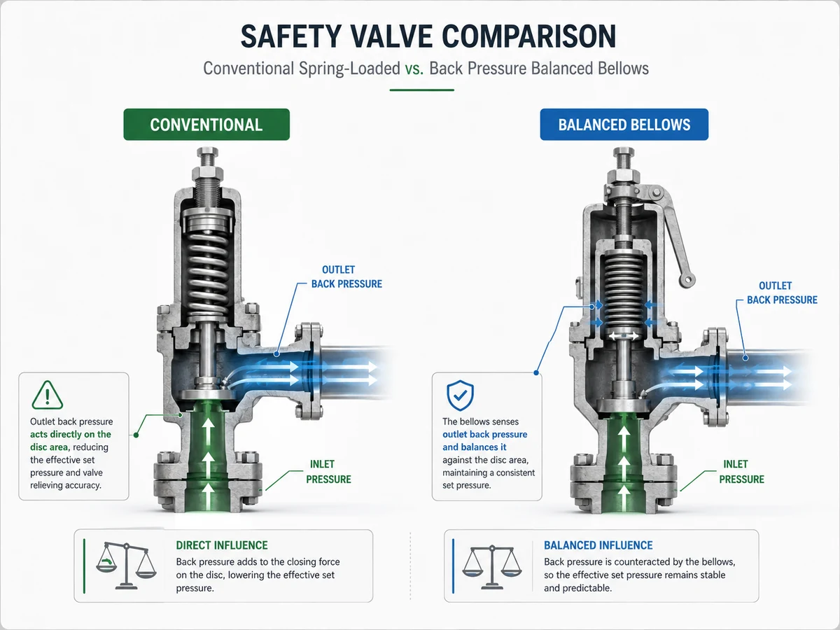 side by side engineering comparison of conventional spring-loaded safety valve and back pressure balanced bellows safety valve