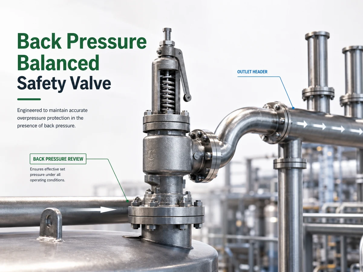 industrial back pressure balanced safety valve installed with outlet piping discharge header and pressure relief system context