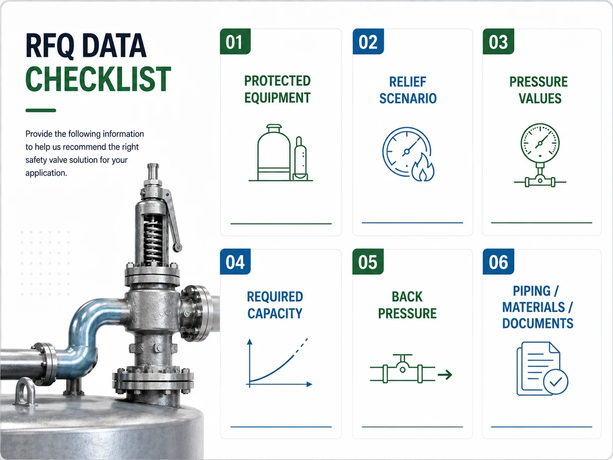 RFQ checklist for back pressure balanced safety valve including protected equipment pressure capacity back pressure piping material bellows and documentation data