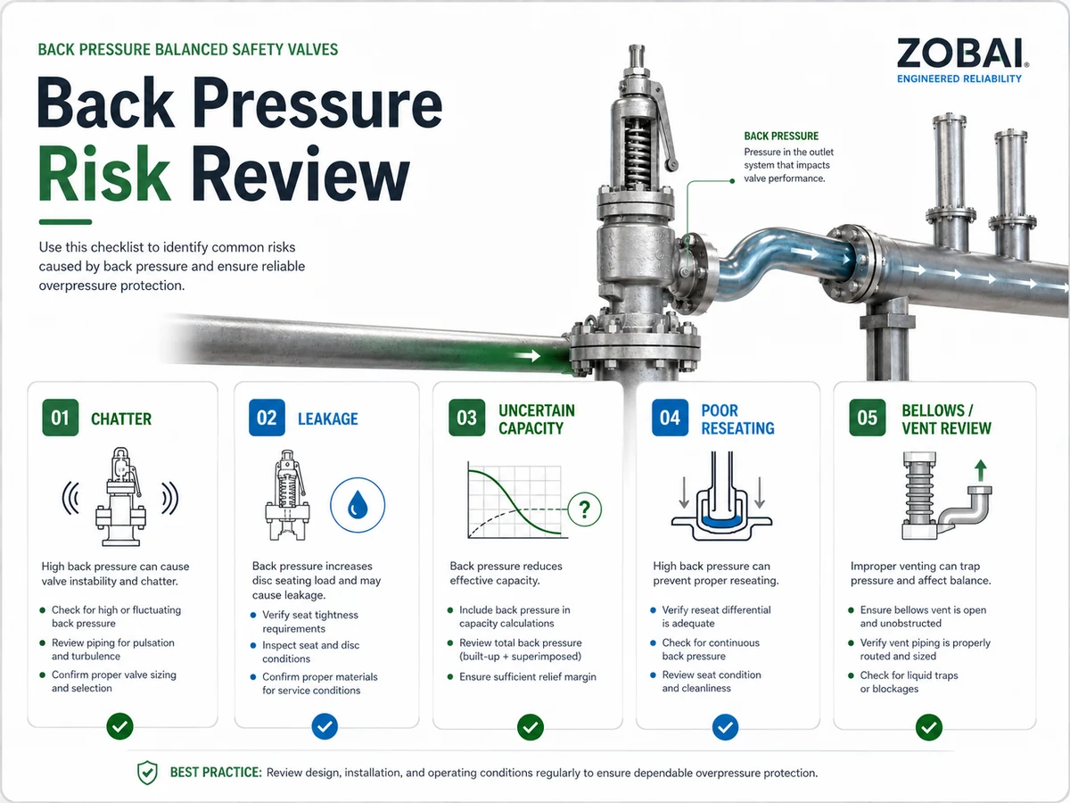 safety valve back pressure risk checklist showing chatter leakage reduced capacity bellows vent review and outlet header risk items