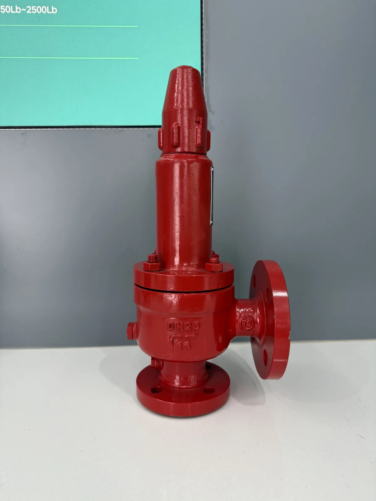 ZOBAI red spring-loaded flanged safety valve on display