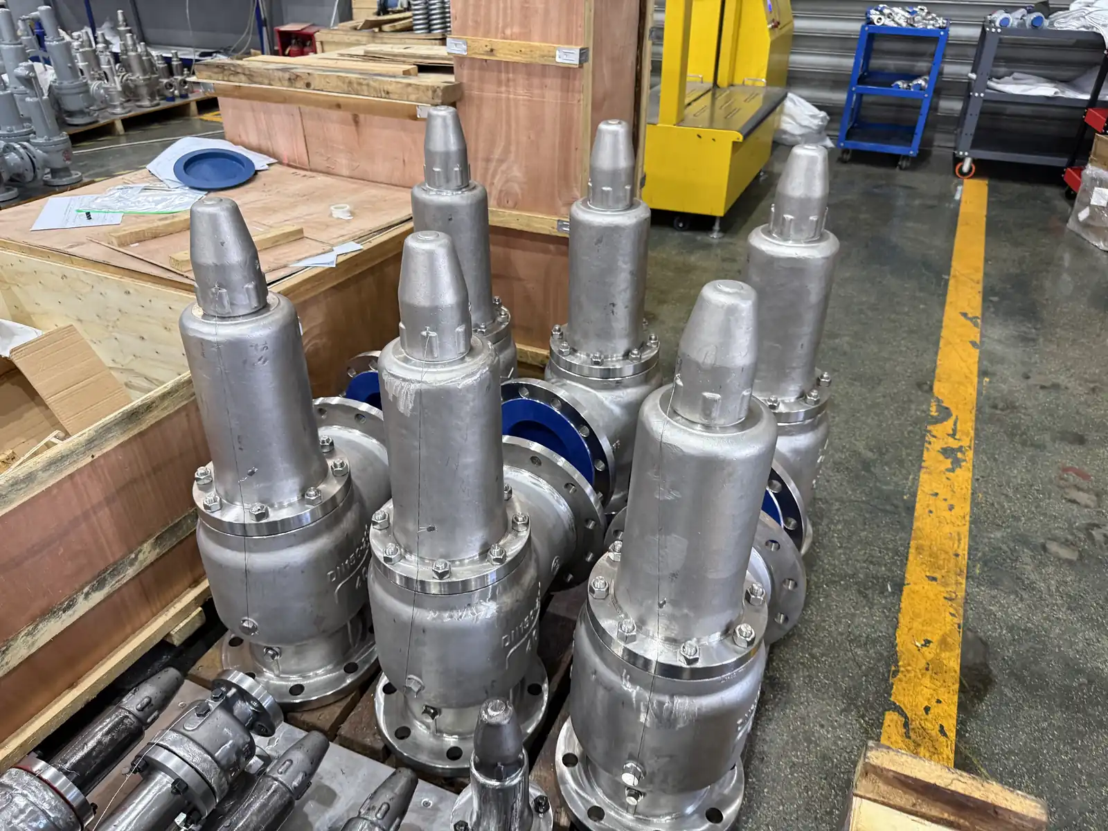 ZOBAI three large stainless steel safety valves ready for inspection
