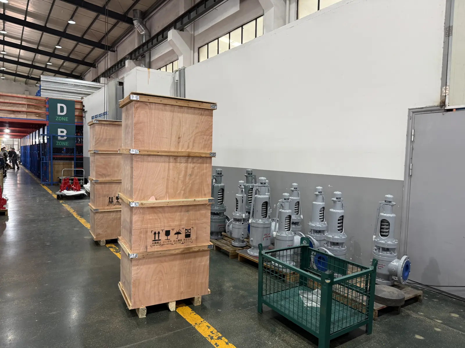 ZOBAI wooden shipping crates beside finished safety valves