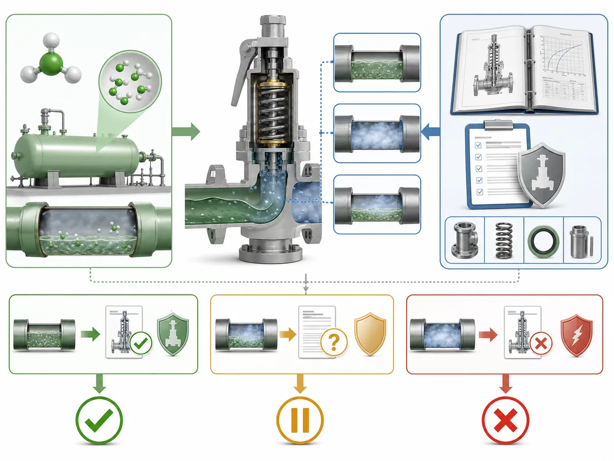 ZOBAI Ammonia Refrigeration Safety Valve Selection IMG-02 Conceptual evidence-match diagram showing that ammonia/R717 identifies the medium but does not by itself establish the relieving phase or state; the defined relieving state must be checked against the supplier's documented application and capacity evidence basis.