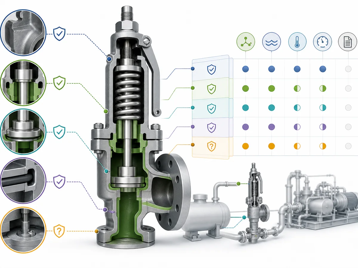 ZOBAI Ammonia Refrigeration Safety Valve Selection IMG-03 Simplified generic pressure-relief-valve component map highlighting separate verification zones for the pressure-containing body, wetted trim, closure/seat area, seals and other relevant exposed internals; communicate that body material alone does not establish complete ammonia-service compatibility.