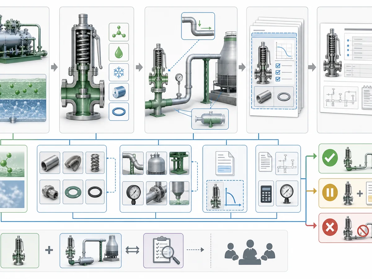 ZOBAI Ammonia Refrigeration Safety Valve Selection IMG-04 Integrated candidate-readiness flow linking defined duty and relieving state, component-level compatibility evidence, discharge/back-pressure interface review, supplier-document scope, RFQ inputs and the final PROCEED/HOLD/REJECT decision.