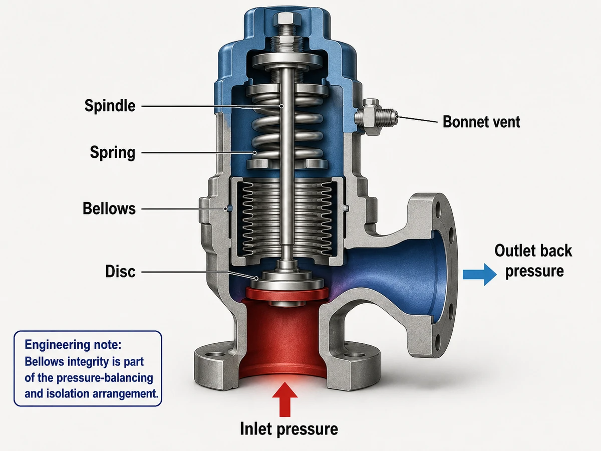 Balanced Bellows Safety Valve Cutaway Simplified cutaway of a balanced bellows safety valve showing the spring, spindle, bellows, disc, bonnet vent, inlet pressure and outlet back pressure.
