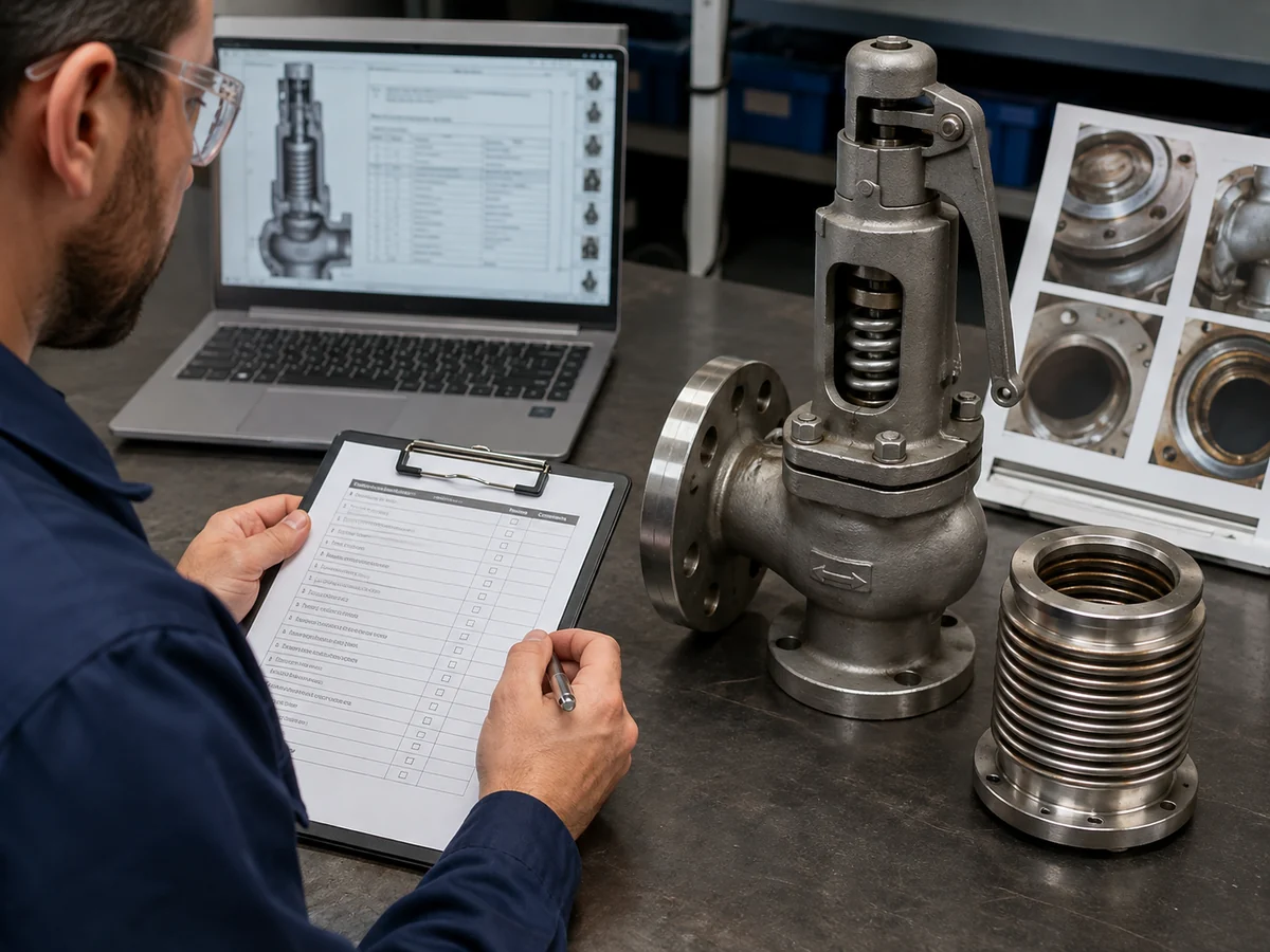 Bellows Failure Repair and Replacement Review Engineer reviewing a bellows-balanced safety valve, inspection photographs and service information before repair or replacement selection.