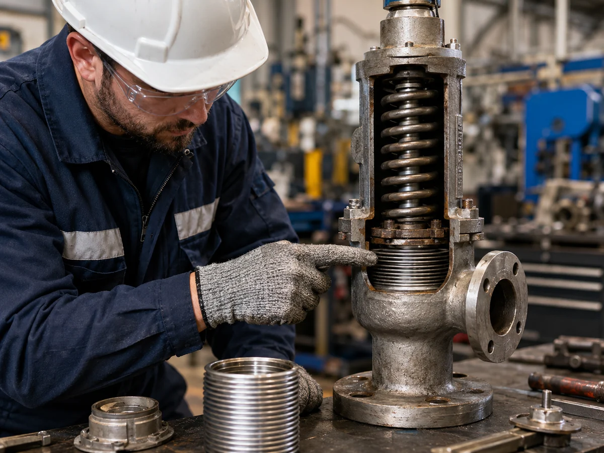 Bellows-Balanced Safety Valve Inspection Bellows-balanced safety valve on an industrial inspection bench while a technician examines the opened valve and removed metallic bellows.
