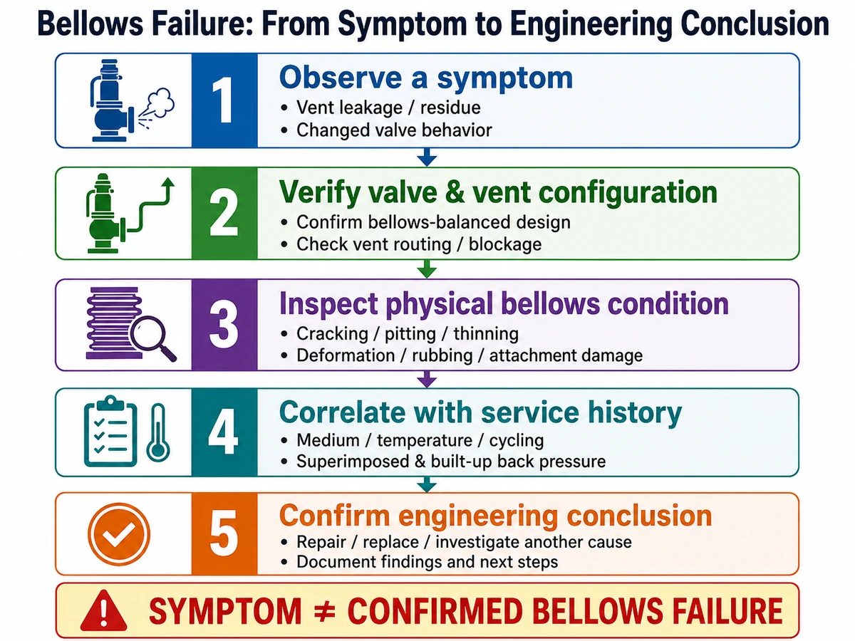 Bellows Failure Symptoms to Inspection Evidence Workflow Vertical engineering workflow from symptom observation through valve and vent checks, physical bellows inspection, service-history correlation and final engineering conclusion.