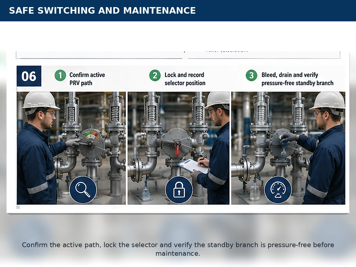 Technician verifying the active relief path and depressurizing the standby branch of a changeover safety valve