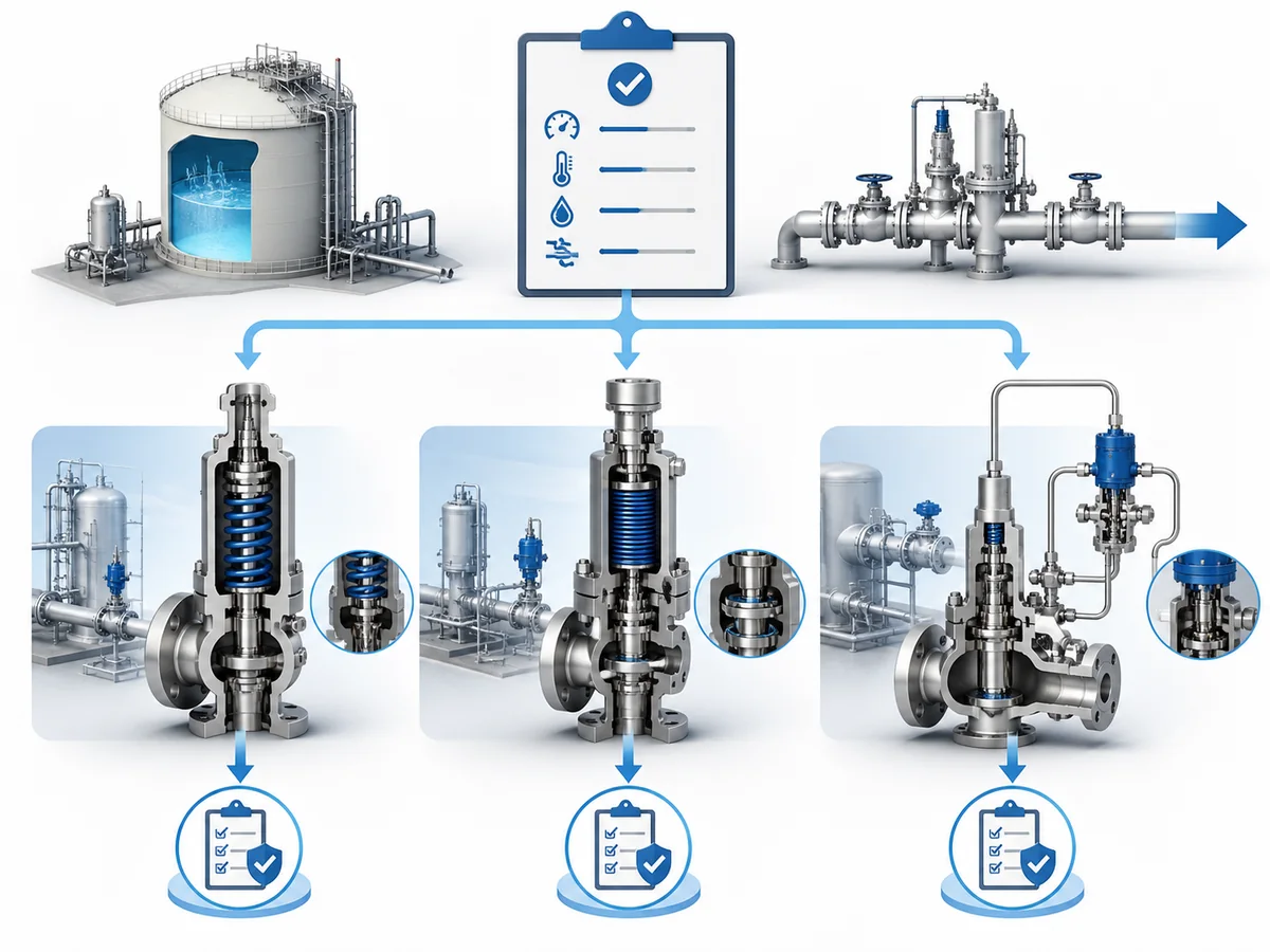 ZOBAI Cryogenic Safety Valve Selection for LNG Service IMG-02 Diagram showing direct-spring, balanced, and pilot-operated relief-valve families as conditional LNG candidate options rather than a ranked choice.