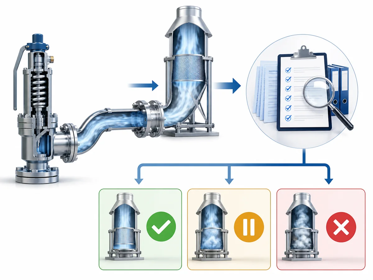 ZOBAI Cryogenic Safety Valve Selection for LNG Service IMG-04 Diagram linking the safety-valve outlet and back-pressure interface to documentation review and PROCEED, HOLD, or REJECT candidate decisions.