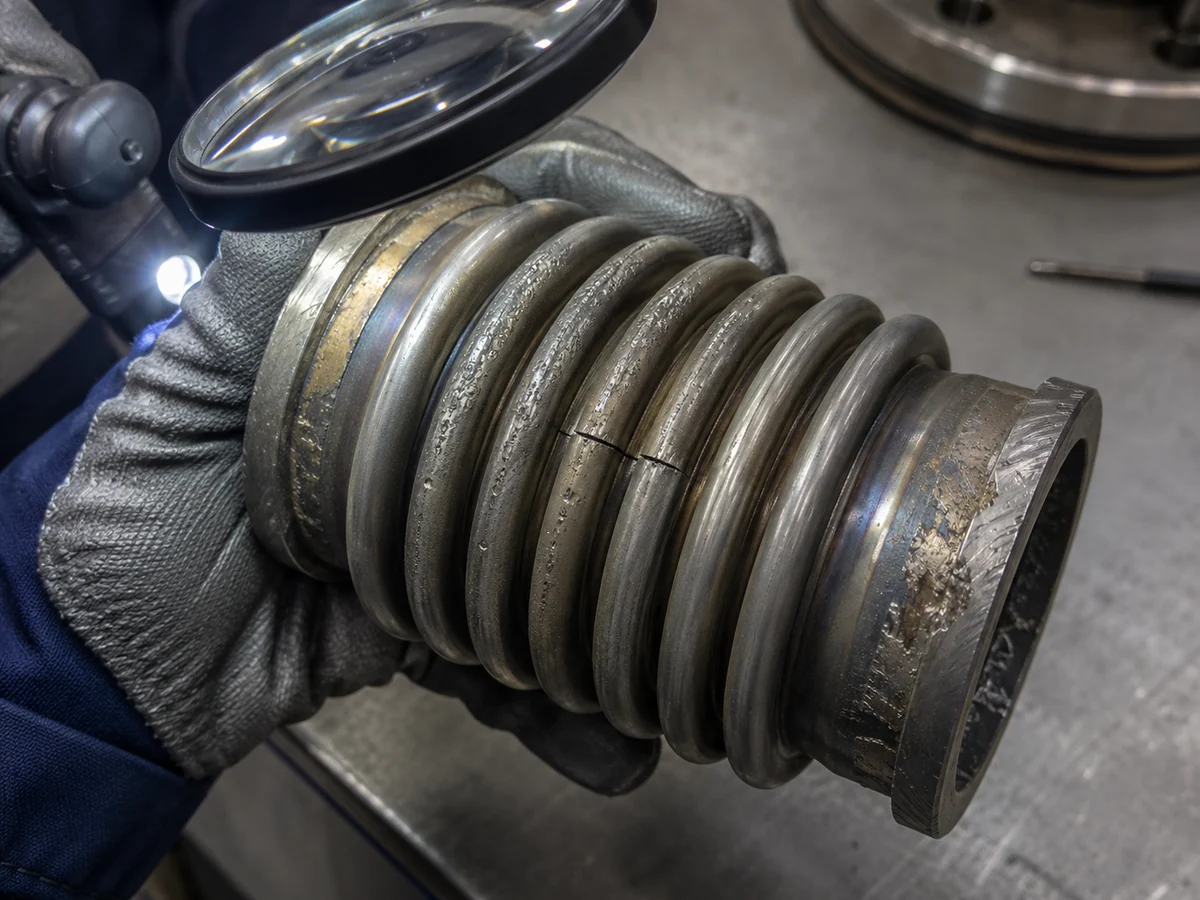 Damaged Safety Valve Bellows Inspection Evidence Removed metallic safety valve bellows showing pitting, cracking, deformation, rubbing and attachment-area damage during inspection.