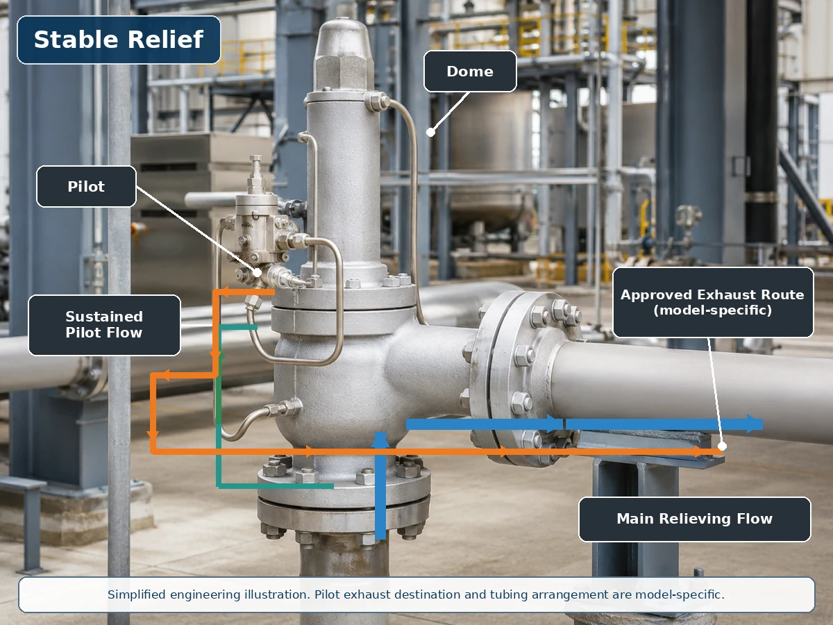 Realistic flowing pilot-operated safety valve illustration showing sustained pilot flow while the main valve is relieving