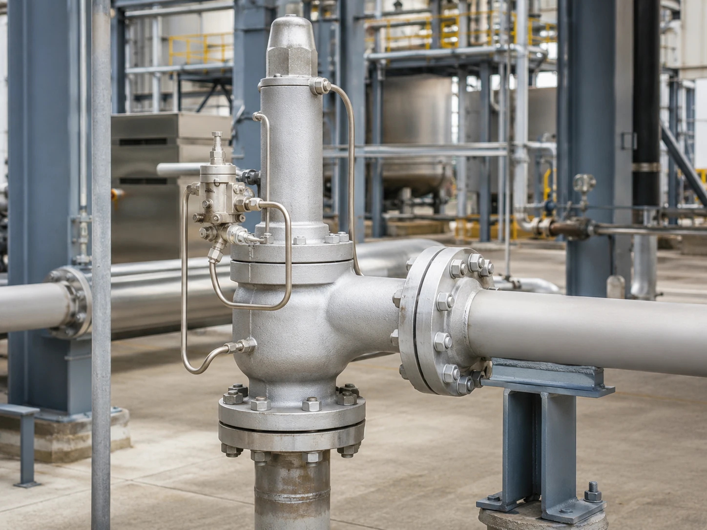 Pilot-operated safety valve installed vertically with a visible pilot, dome tubing, sensing line and supported outlet piping