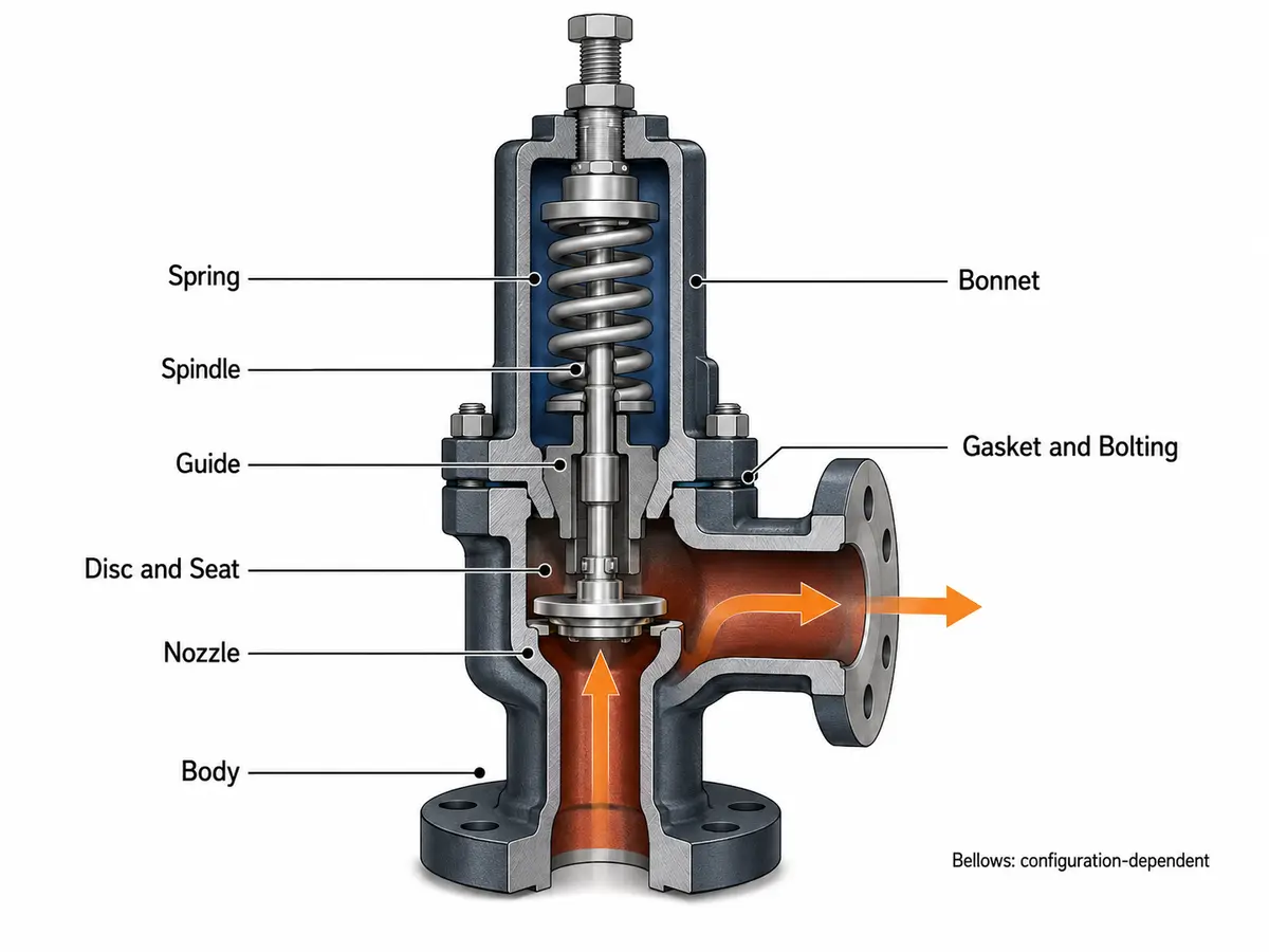 Sectional safety valve diagram identifying components that require temperature and material review