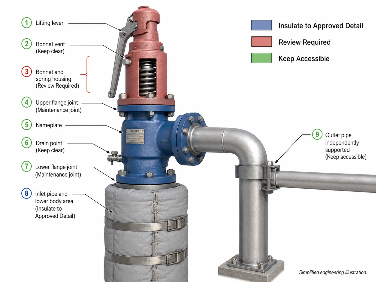 Annotated high-temperature safety valve showing approved-detail insulation areas, review-required bonnet areas and components that must remain accessible.