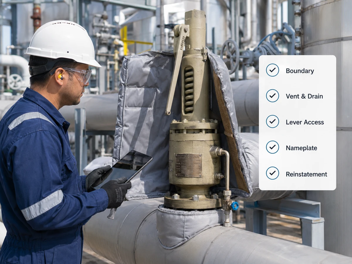 Engineer inspecting a high-temperature safety valve insulation boundary, vent, drain, lever and nameplate before reinstating a removable jacket.