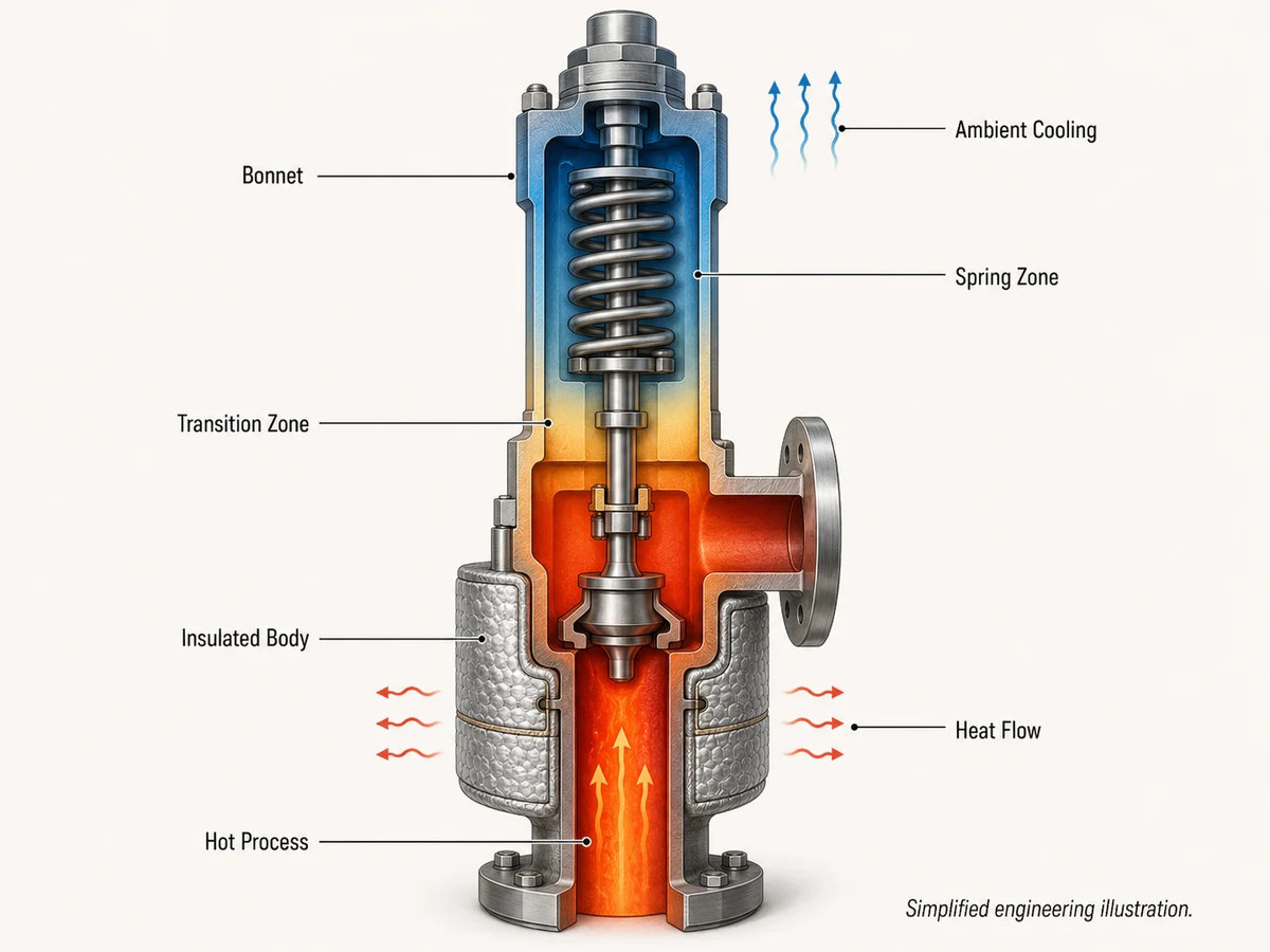 Simplified safety valve cutaway showing heat flow from the insulated inlet and body toward the bonnet and spring chamber.