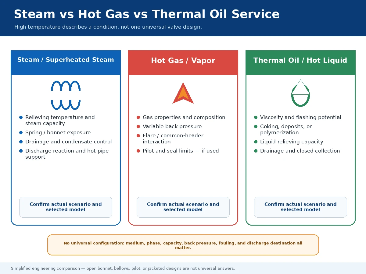 Comparison of safety valve selection checks for steam, hot gas or vapor, and thermal oil or hot liquid service