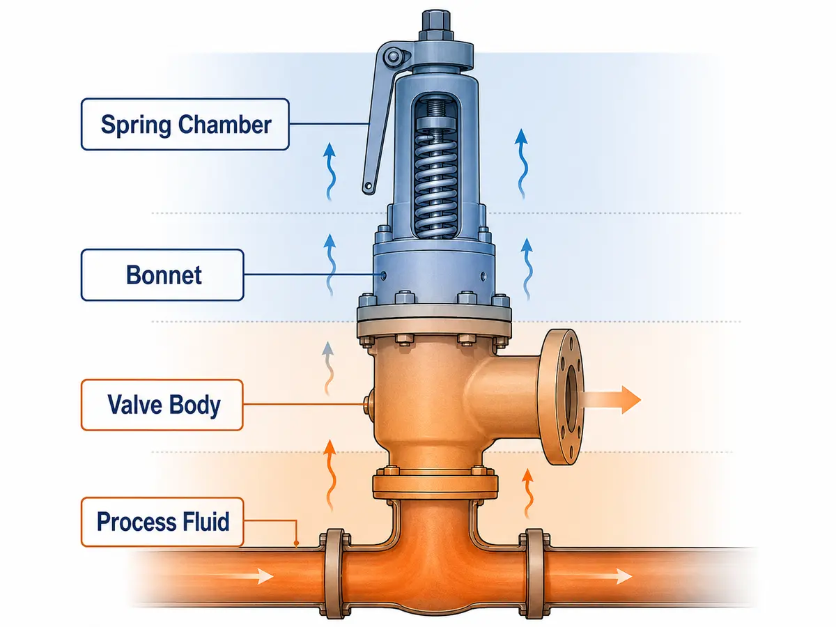 Engineering diagram showing process fluid, valve body, bonnet and spring chamber as different temperature zones