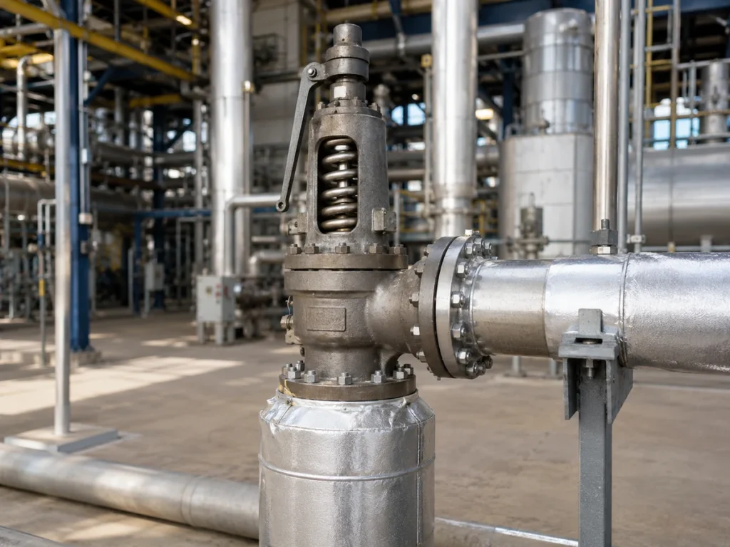 Insulated high-temperature safety valve installed on process piping