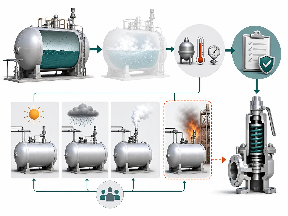 ZOBAI How to Select an LPG Safety Valve for Storage Tanks IMG-02 Flow from LPG storage condition to relieving state, credible relief cases, and a conditional fire branch.
