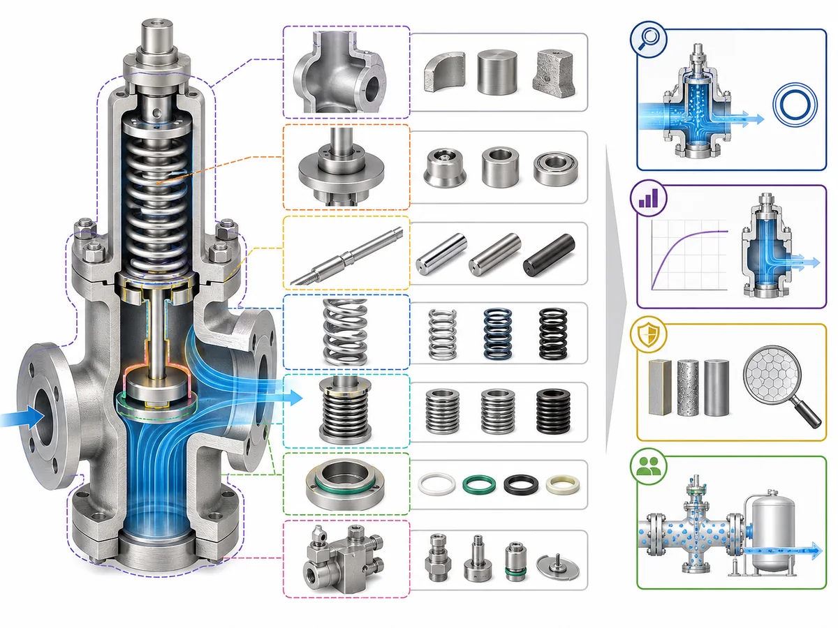 ZOBAI Hydrogen Safety Valve Selection: Leakage, Materials and Ignition Risk IMG-03 Generic non-branded safety-valve component schematic identifying review categories such as body/pressure boundary, nozzle/disc/trim, stem or spindle, spring, bellows if present, pilot components if present, and relevant seats/seals/gaskets or other nonmetallic elements. Show only conditional component categories, not a real ZOBAI model or universal construction.