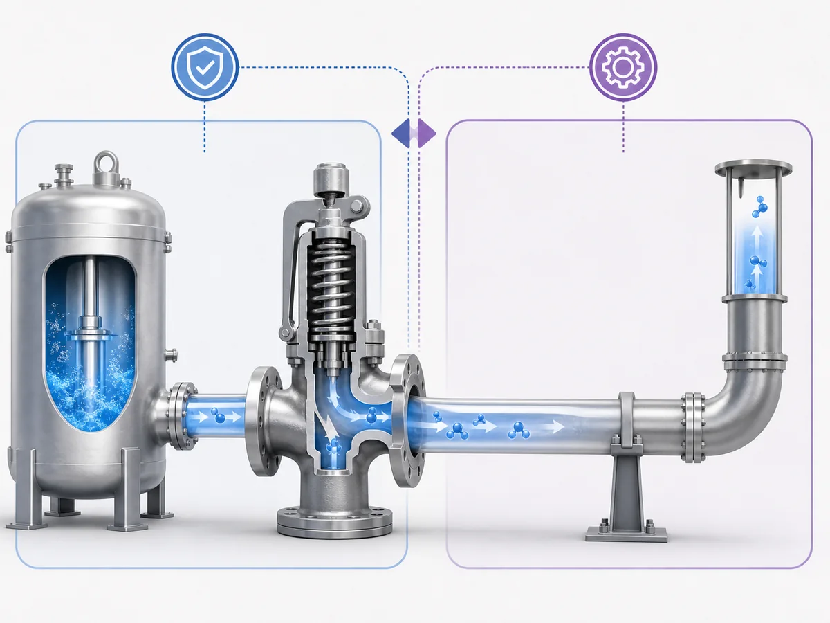 ZOBAI Hydrogen Safety Valve Selection: Leakage, Materials and Ignition Risk IMG-04 Minimal system-boundary diagram showing protected equipment to safety valve to outlet/discharge path to defined destination, with a clear visual distinction between candidate-verification responsibility and downstream system-design responsibility. No hazardous-area zoning, dimensions, separation distances, dispersion, detector placement, or project layout.