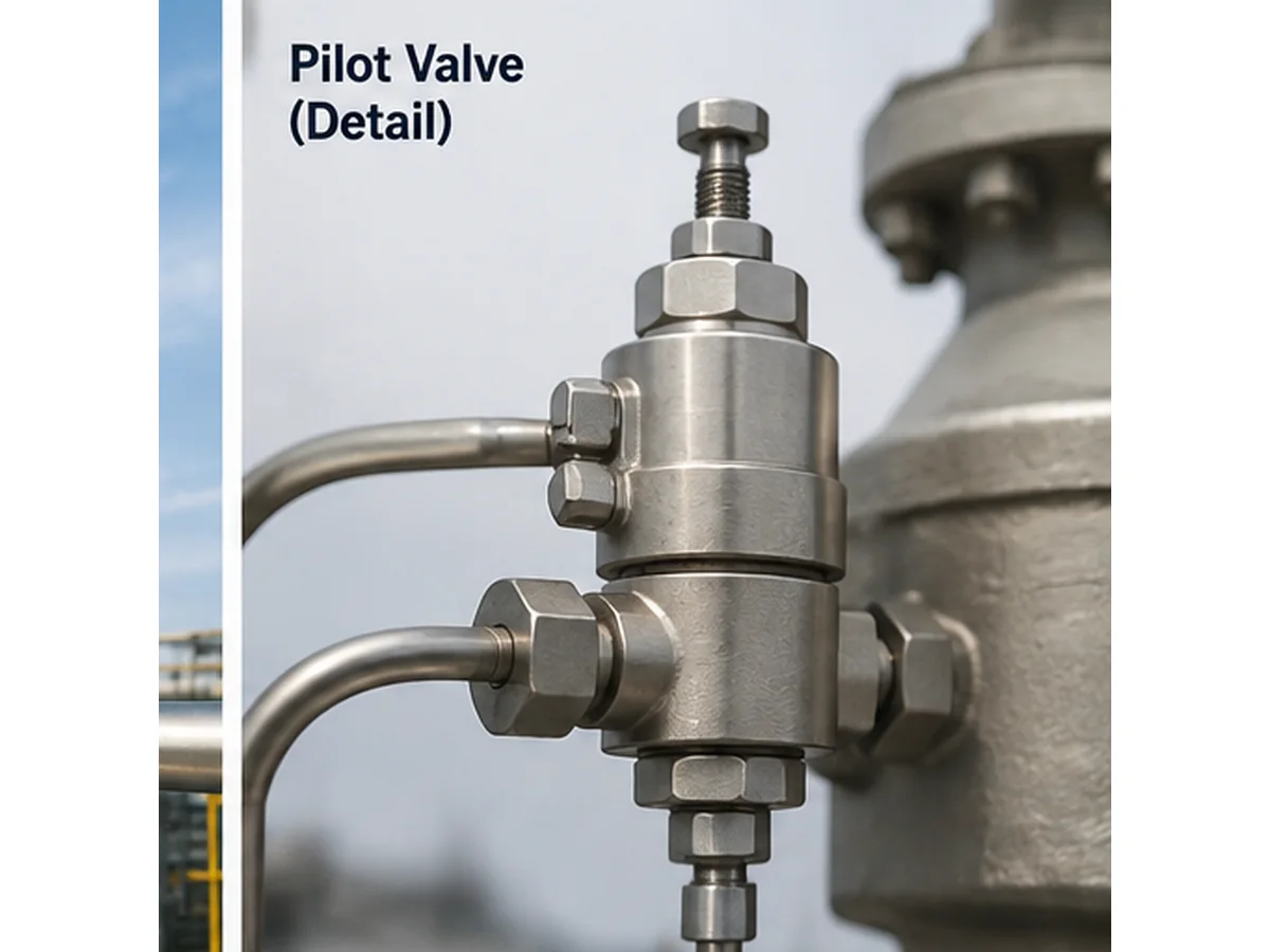 Close-up of pilot valve sensing tubing and small-bore fittings on a pilot operated safety valve