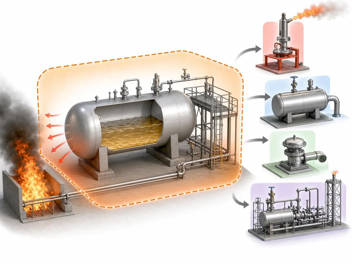 ZOBAI LPG Safety Valve Fire Case: Capacity and Discharge Review IMG-01 Conceptual protected-equipment boundary for an external-fire LPG relief review with neighboring relief duties routed separately.